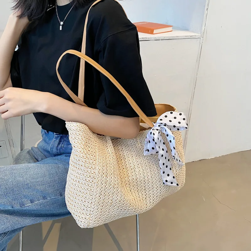 

Повседневная Соломенная Сумка-тоут для женщин, плетеный пляжный мешок ручной работы с шарфом и бантом, летняя сумочка из ротанга, мешки для ...