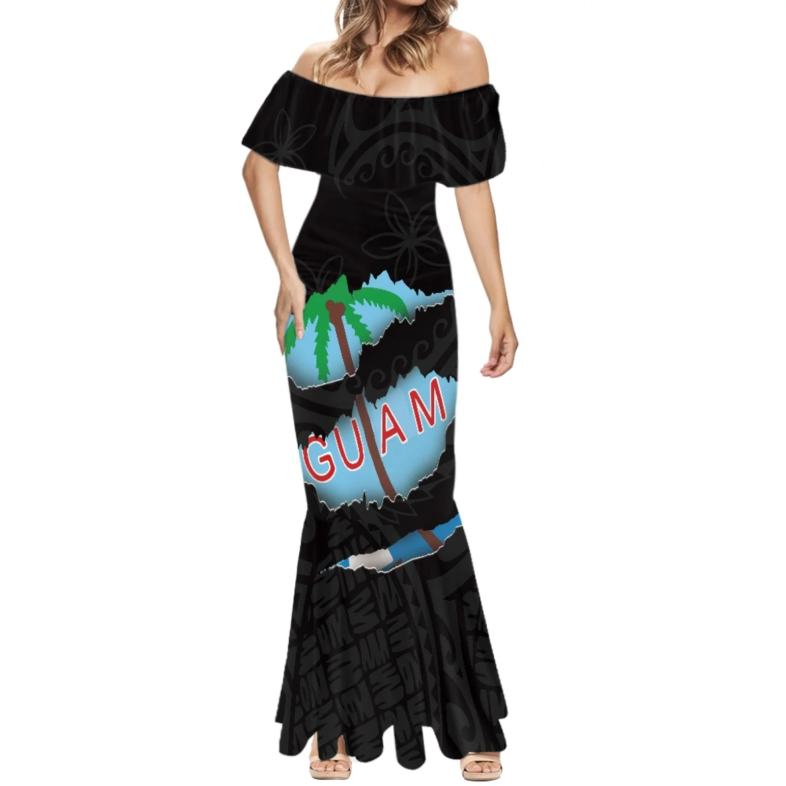 

Samoa Summer One-Shoulder Hawaiian Hibiscus Flowers Print Beach Dress Formal Occasion Women's Short Sleeve Fishtail Dress