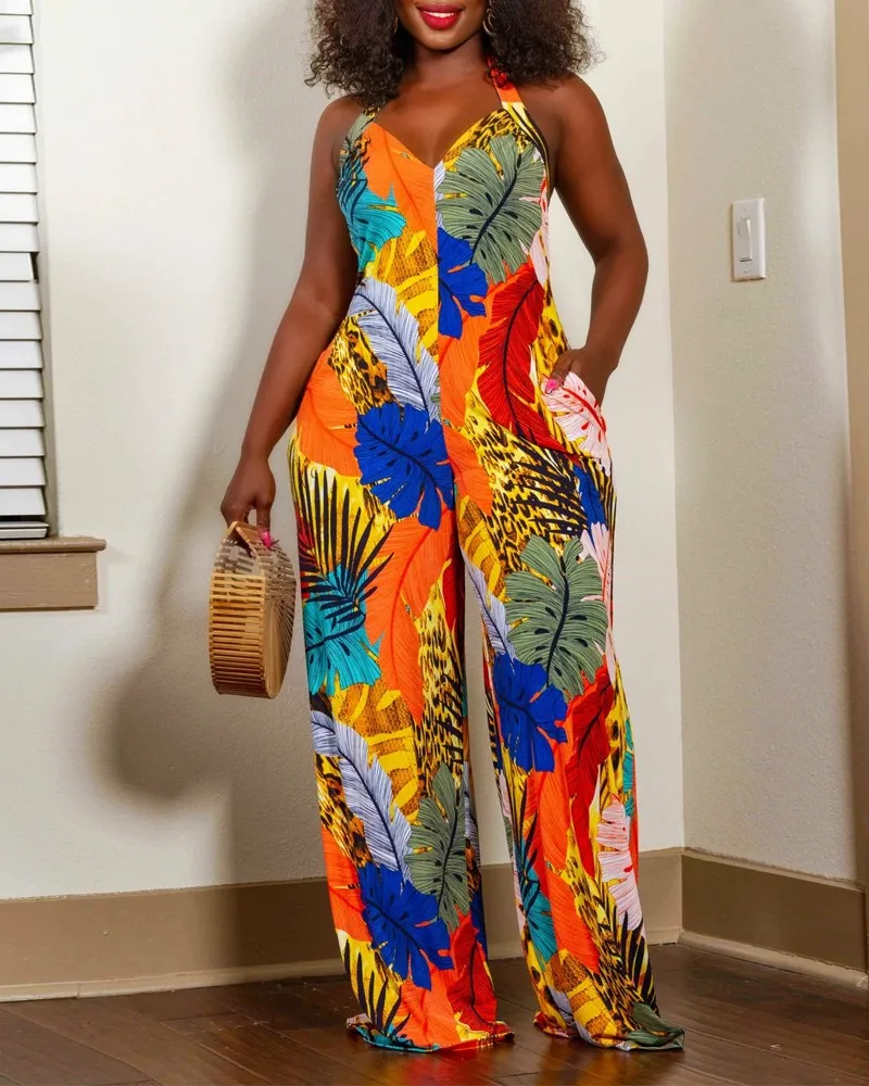 

Floral High Waist Sleeveless V Neck Summer Tropical Print Halter Backless Wide Leg Jumpsuit Spring Loose Pants Overalls