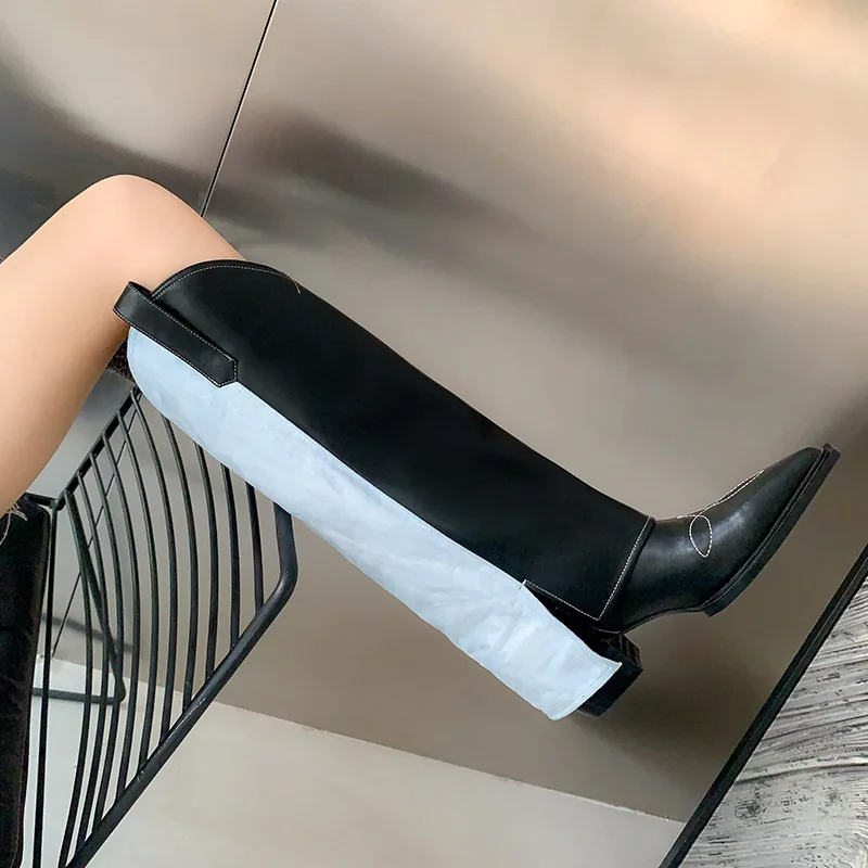 

Sexy Patchwork Autumn Winter Woman Knee High Boots Square High Heel Pointed Toe Female Slip On Long Boots