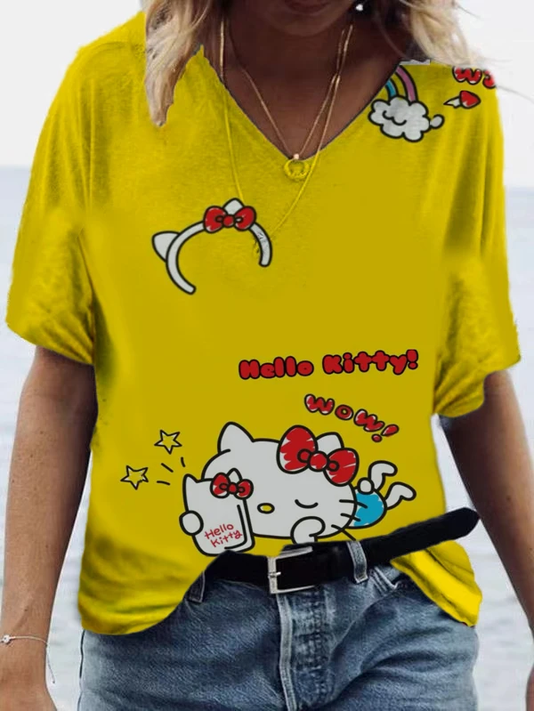 

Hello Kitty Print Cute Blue and White V-Neck Top Youth Apparel Kitty Fashion Casual Women's Loose T-shirt Latest Girl Top