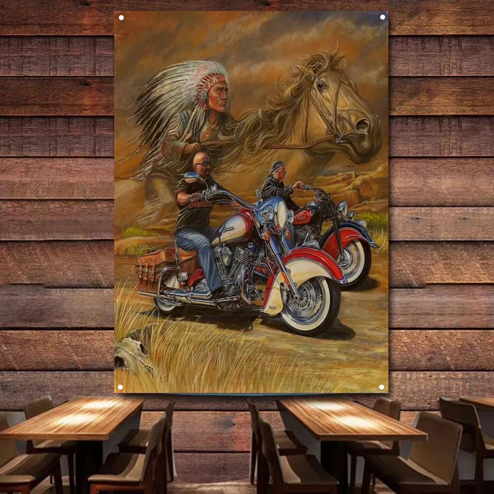 

Indians Motorcycle Flag Tapestry Banner Motor Rider Decor Poster Wall Art Vintage Sign Motor Car Painting For Garage Man Cave