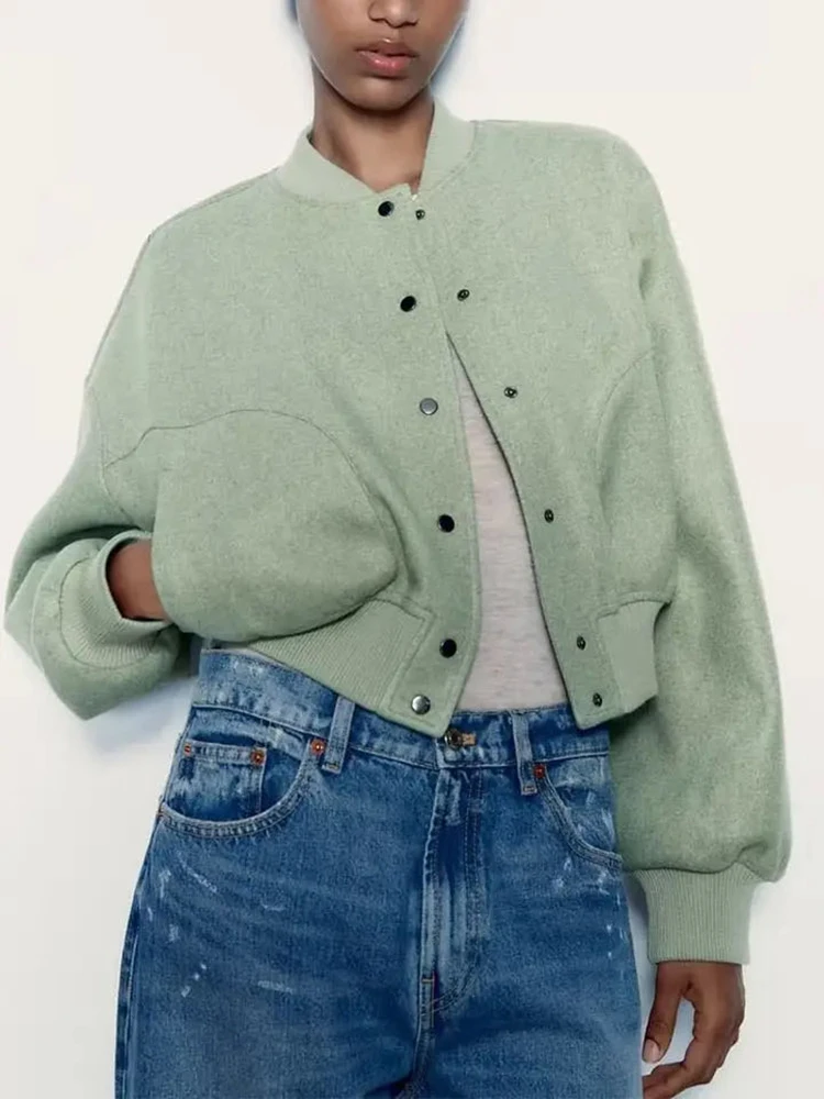

2023 Autumn Winter Women V-Neck Buttons Soft Short Baseball Jacket Casual Pocket Crop Bomber Jackets Coat Female Bomber Jackets