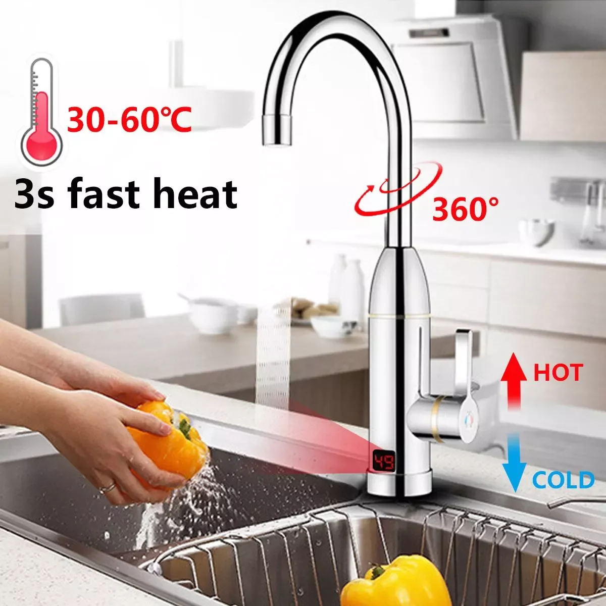 220V 3000W Kitchen Instant Heating Faucet Heater Hot Cold Dual-Use Tankless Water Quickly Heating Tap Shower with LED Display enlarge