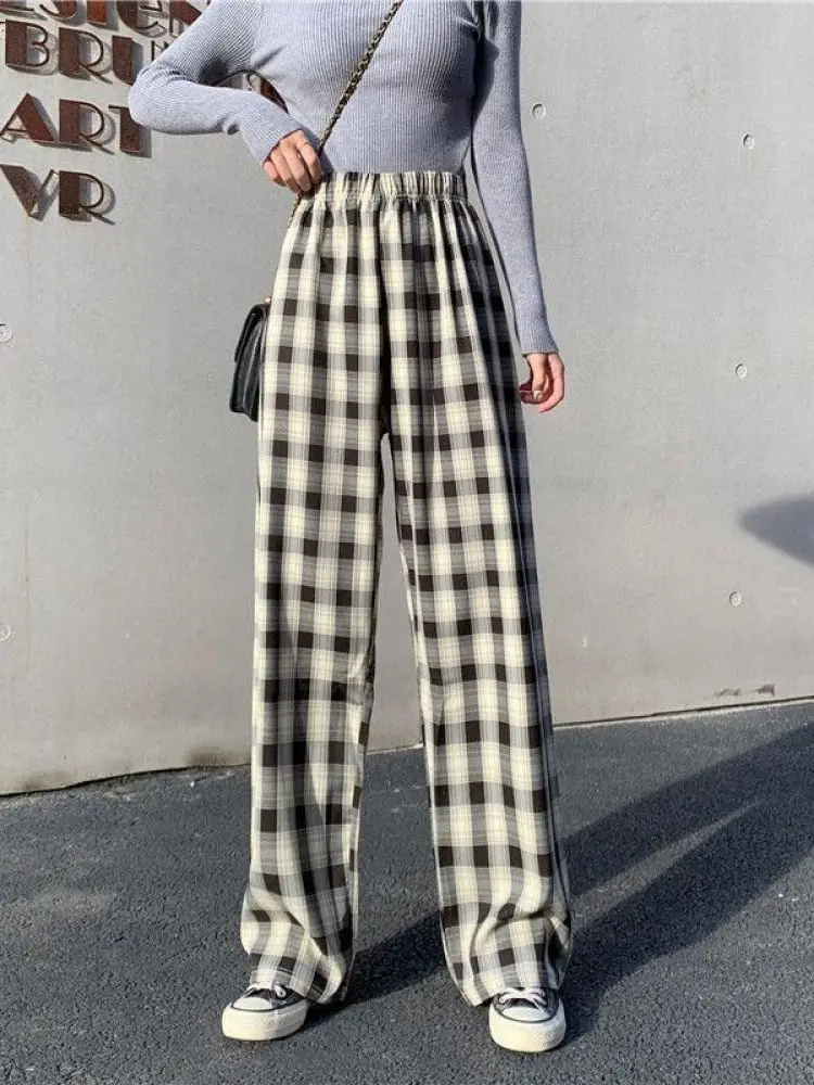 Брюки женские тонкие в клетку повседневные свободные штаны с широкими штанинами