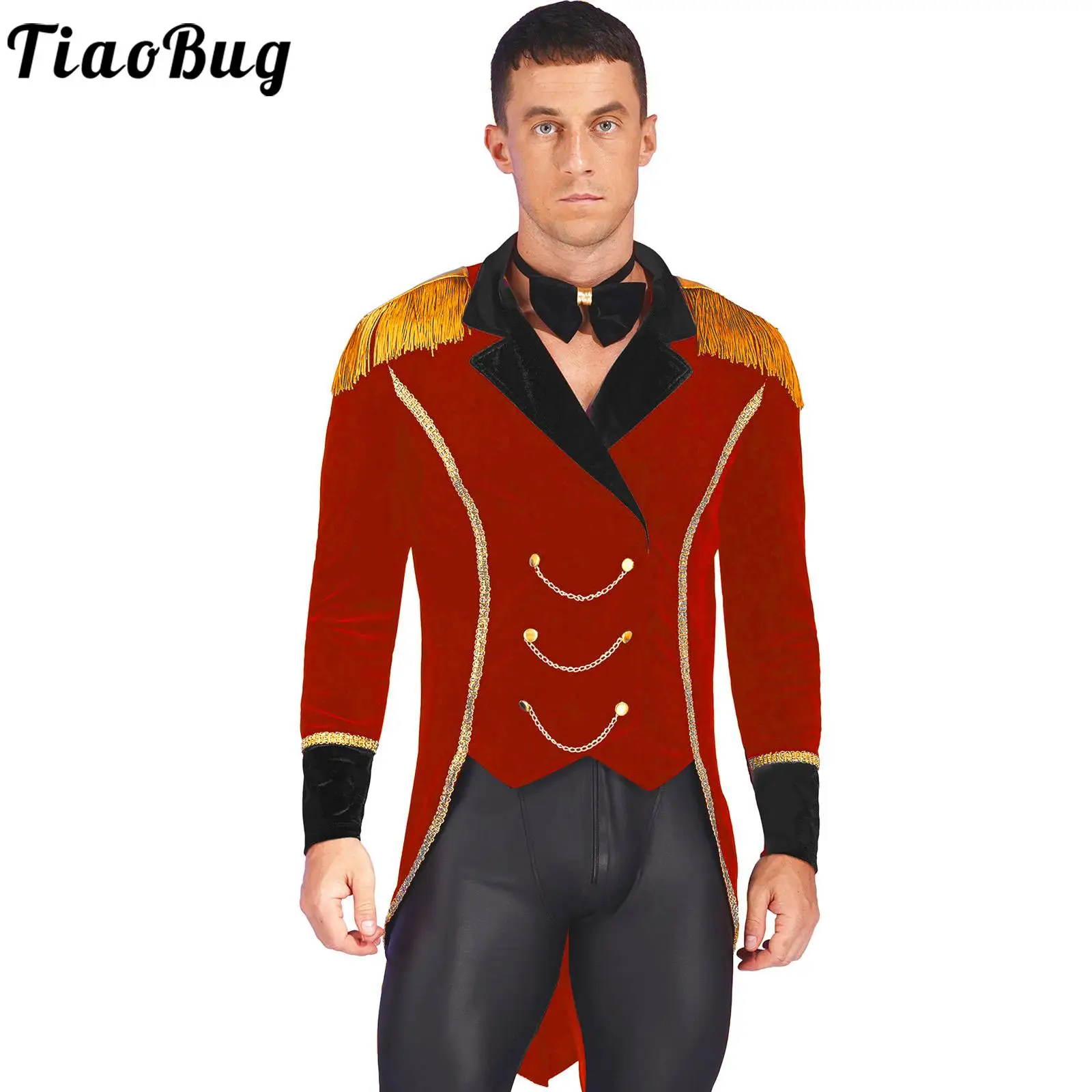 

Mens Circus Ringmaster Cosplay Costume Lapel Fringe Velvet Jacket Long Sleeve Swallow-Tailed Coat Halloween Theme Party Clothing