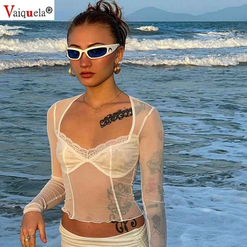 

Fashion Lace Trim Mesh Crop Tops 90s Aesthetics Patchwork Square Neck Long Sleeve White Sexy Tees Summer T-shirts graphic tee