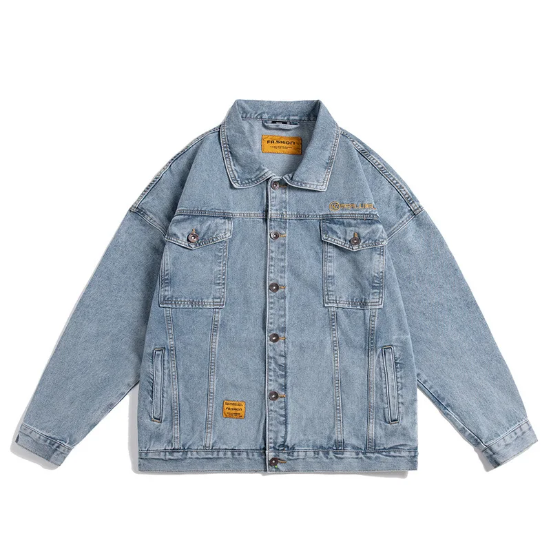 

Men's Denim Jacket Washed Loose Blue Jeans Coat Lapel Casual Jacket wiht Pockets Men's Top Coat