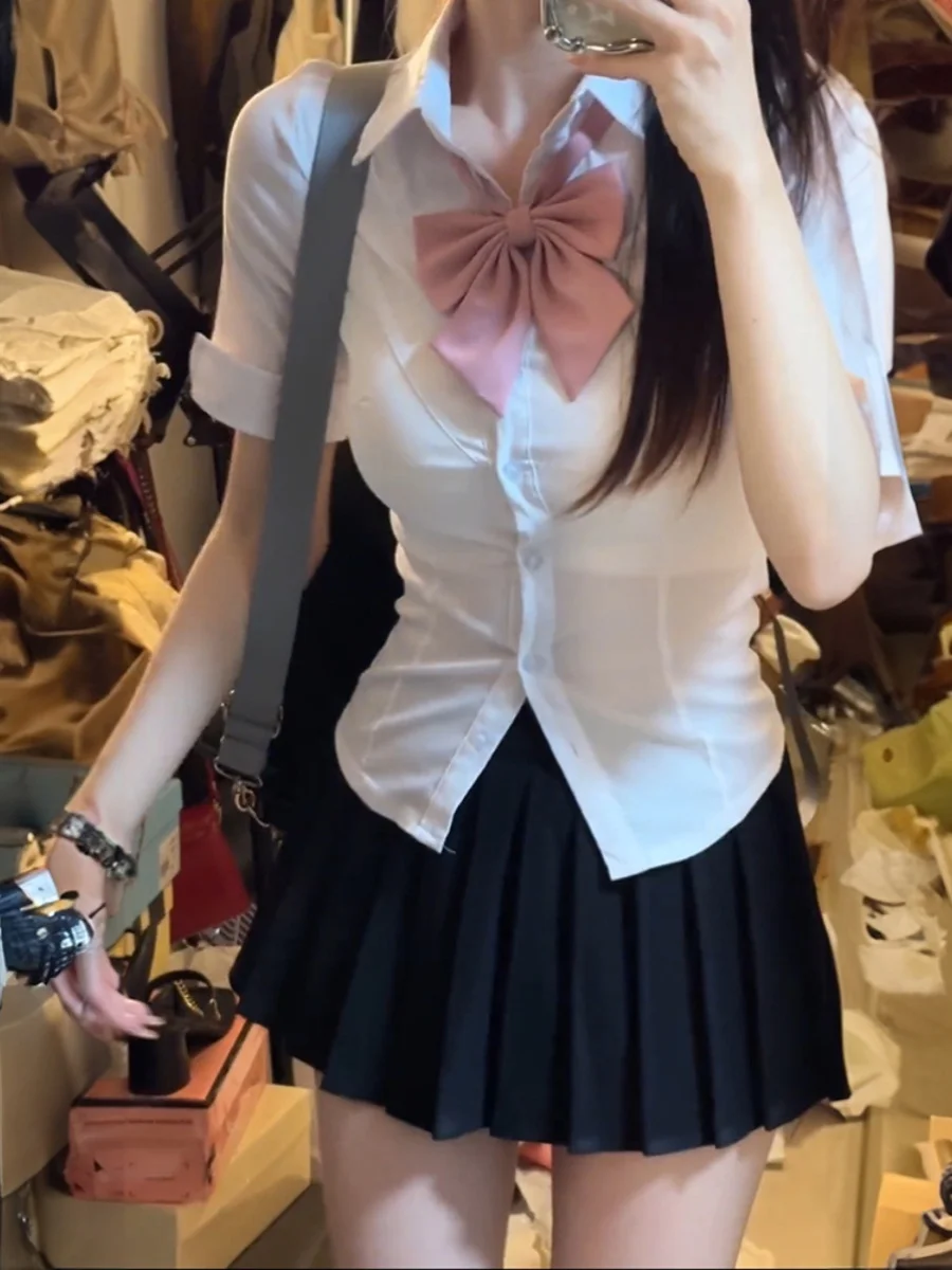 Waist Hugging Shirts Short sleeve Pure Desire Preppy Set Summer White Shirt Jk Uniform Women Short Man Top