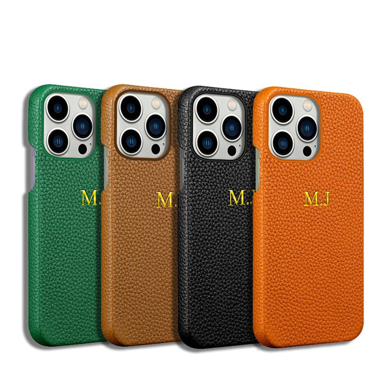 

Luxury Litchi Grain Leather Phone Case For iPhone 14 13 12 11 Pro Max Personalised Customized Name Initials Letter Cover 11 14
