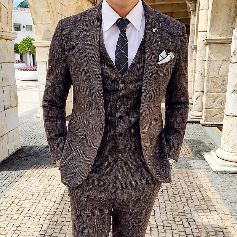 

Костюм-тройка высокого качества в Корейском стиле, мужской свадебный костюм, приталенный повседневный деловой костюм в британском стиле, 2020