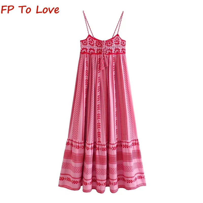 

Female Crochet Patchwork Knit Long Dress Pink PB&ZA Woman Sexy Tassel Tie Spaghetti Straps Backless French Vintage Beach Outfit