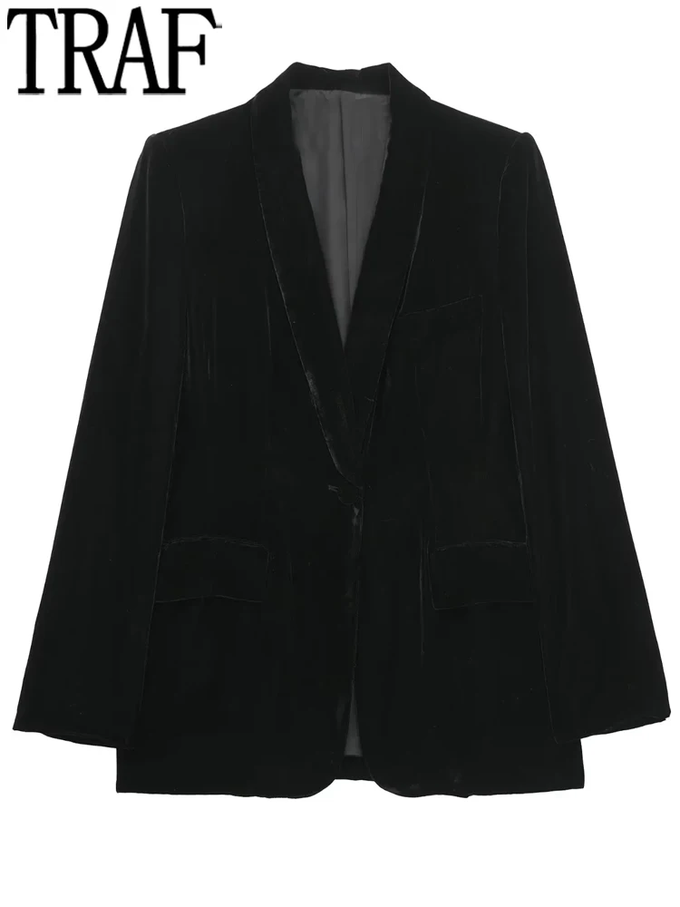 

TRAF Black Velvet Blazer Woman Office Casual Blazer For Women 2022 Autumn Long Sleeve Women's Elegant Suit Pants And Jacket