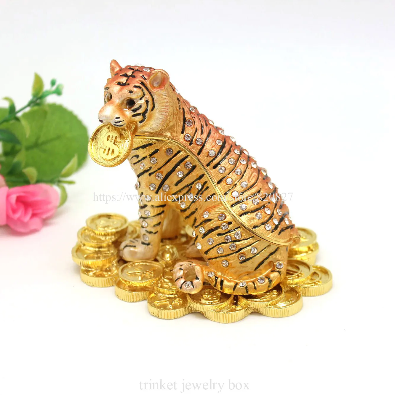 Enamel Jewelry Box Hinged Trinket Box Tiger Figurine Feng Shui Statue Animal Piggy Bank for Necklace Bracelet Ring Organizer Cas