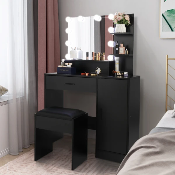 

Dressing Table set Vanity table with 10 LED Bulbs, Makeup Table with Stool, 3 Storage Shelves 1 Drawer 1 Cabinet, White