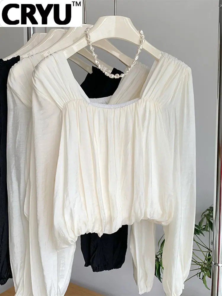 

Spring Summer Women New Solid Color Pleated Chiffon Shirt 2023 French Style Square Collar Female Crop Blouses Vintage Elegance