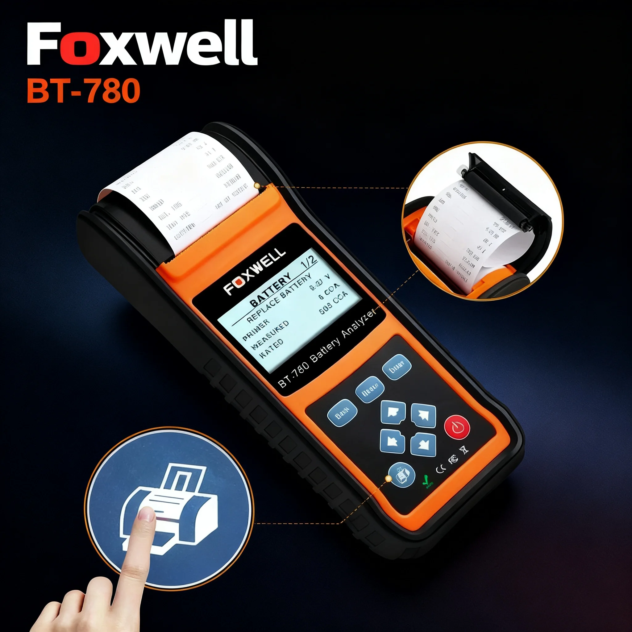 

FOXWELL BT780 12 В тестер автомобильного аккумулятора, анализатор AGM/GEL/EFB со встроенным принтером, монитор автомобильного аккумулятора, тест CCA/SOC/SOH