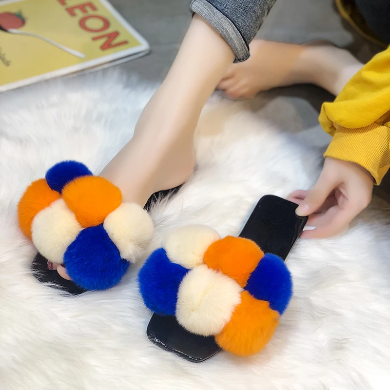 

Тапки женские меховые сандалии домашние шлепанцы повседневная модная обувь сланцы с квадратным носком женские блестящие женские туфли 43