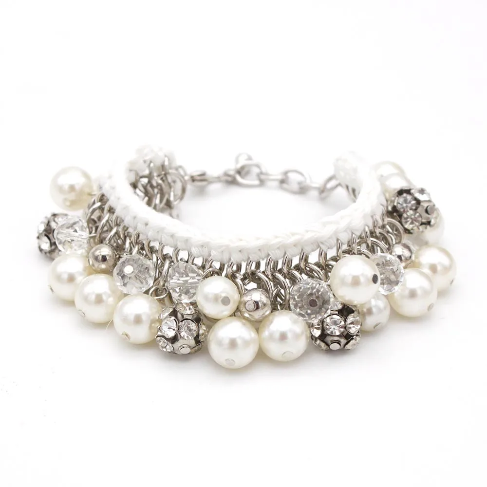 

2022 New Luxury Jewelry Wedding Wide Pearl Bracelets Bangles For Women Crystal Female Hand Bracelet Charms Silver Color Braclet