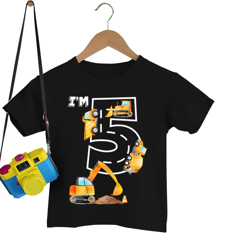 

Топ детский с коротким рукавом, оригинальный брендовый Свободный пуловер с принтом экскаватора для мальчиков и девочек, удобная одежда, на осень