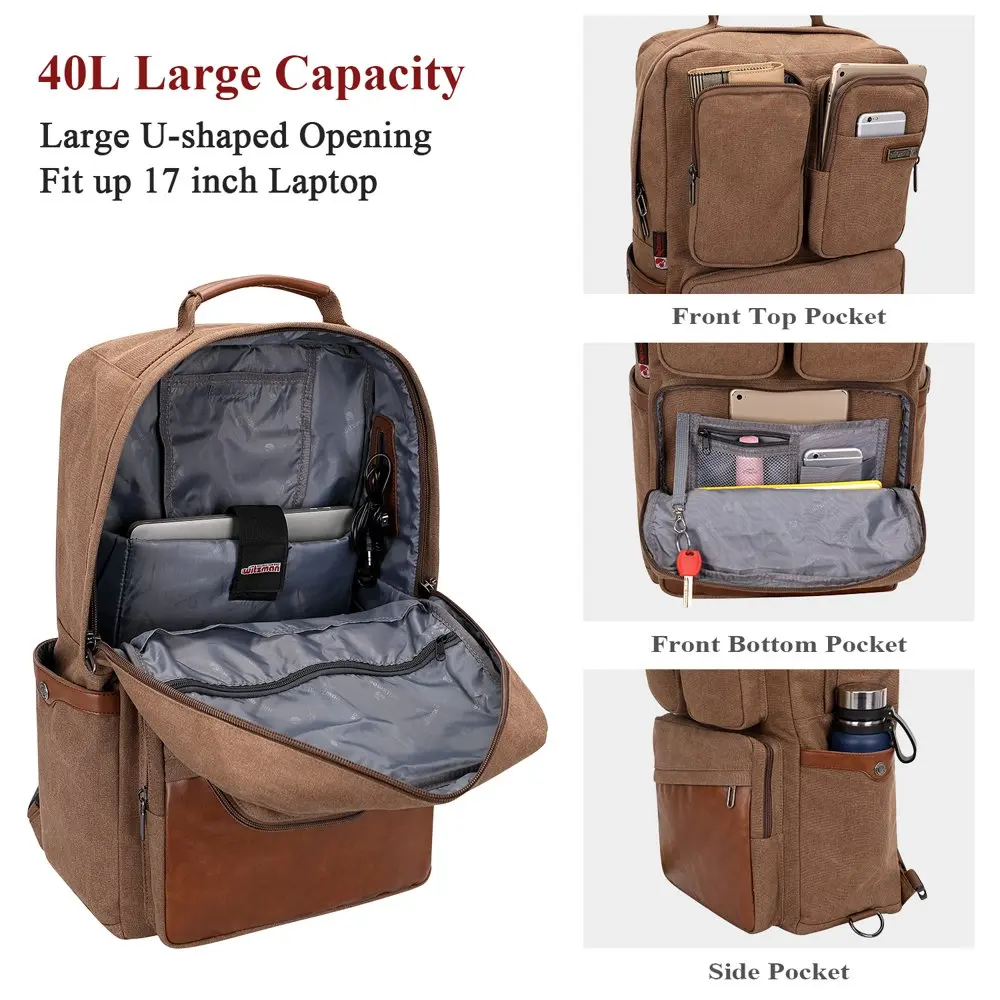Vintage Canvas Backpack with USB Charging Port Unisex Large Luggage Bag for Travel 6617 Brown