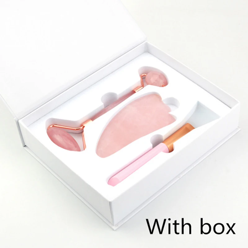 

Rose Quartz Roller Facial Massager Powder Crystal Roller Jade Roller Scraper Mask Brush Three-piece Beauty Face-lifting Tool