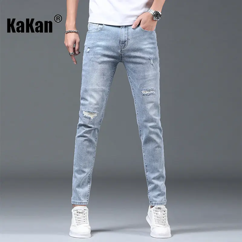 Kakan - Spring and Autumn New High End Slim Fit Small Feet Jeans for Men, High Street Straight Barrel Stretch Long Jeans 37-1626