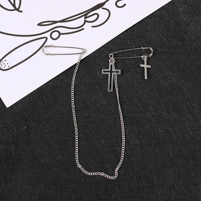 

1Pc Vintage Minimalist Punk Pin Clip Chain Chain Brooch Men And Women Long Chain Tassel Chain Cross Brooch Accessories