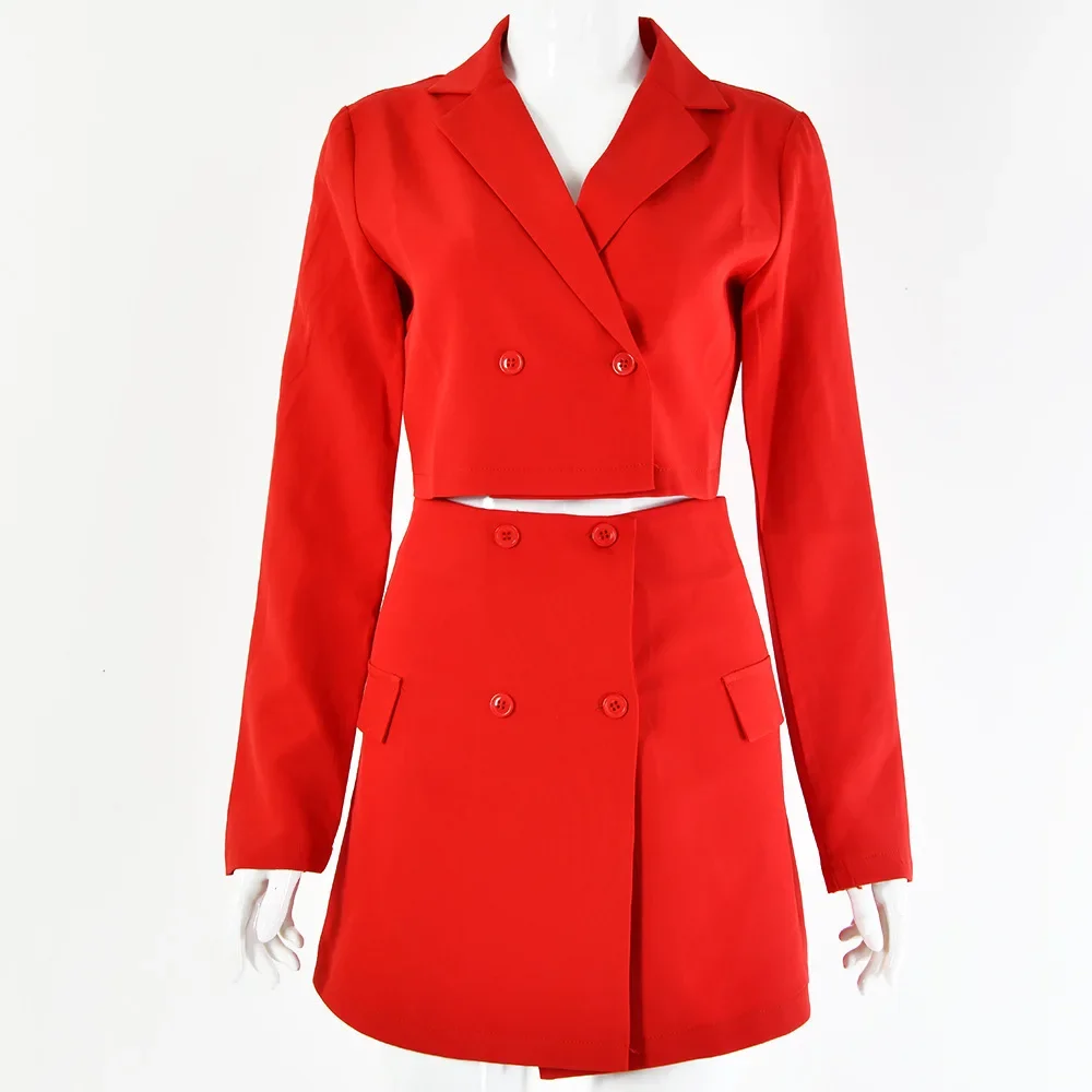 Женский костюм из двух предметов красный с длинным рукавом юбка женский короткий