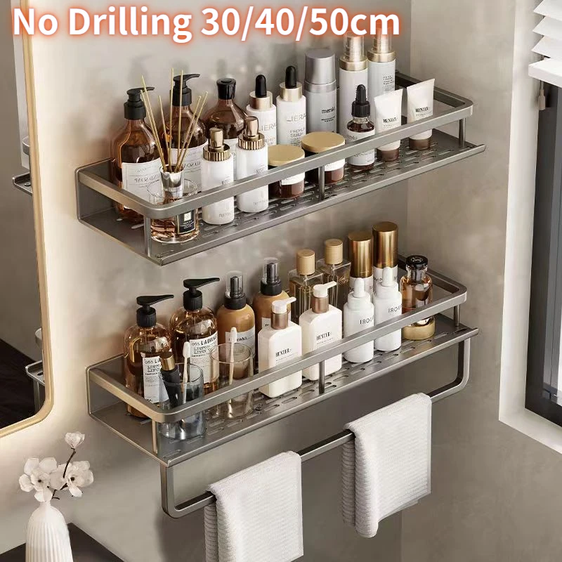 

Bathroom Storage Shelf Aluminum 30-50CM No Drilling Storage Rack Gray Wall Mounted Space Organizer for Bathroom Accessories