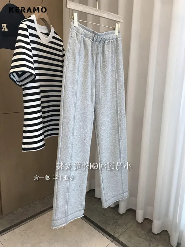 

Женские широкие брюки с высокой талией, Модные свободные спортивные брюки оверсайз с эластичным поясом, повседневные штаны в стиле Харадзю...