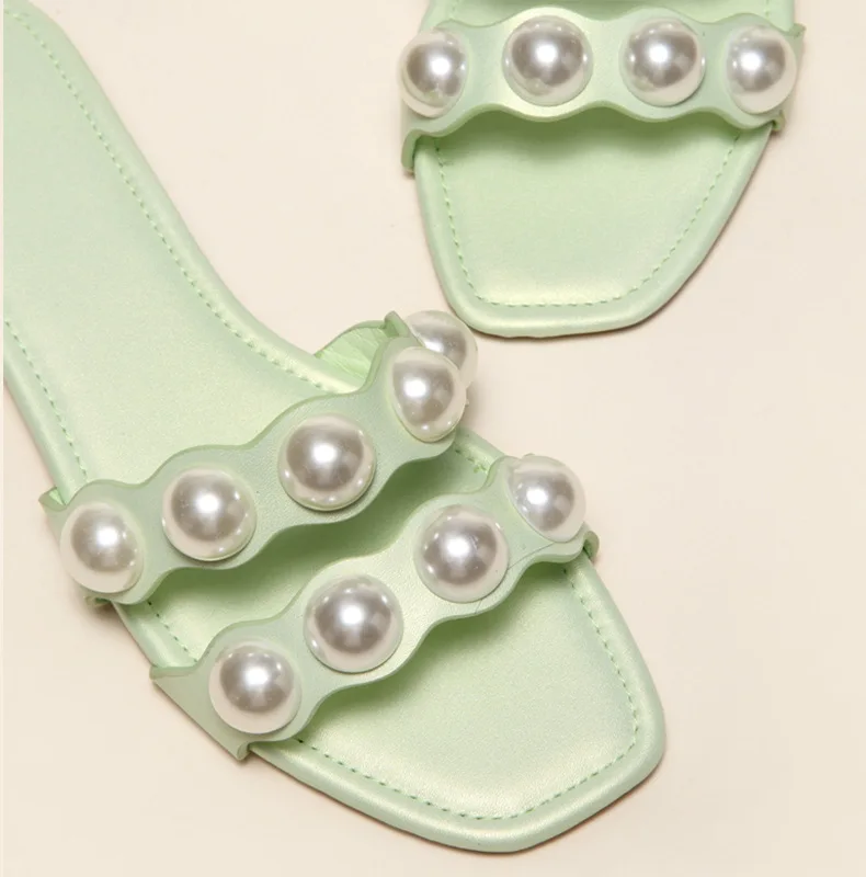 Women's Slippers 2022 European And American Fashion Pearl Sandals Comfortable Soft Bottom Square Toe Ladies Flat Slippers 36-42