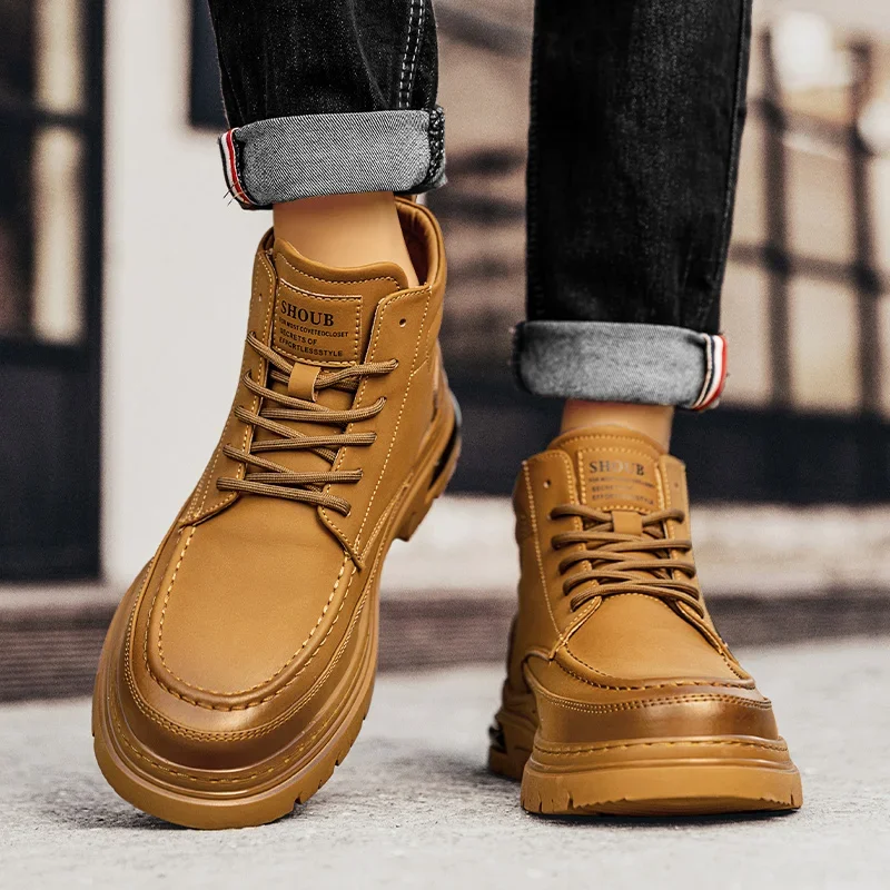 Мужские ботильоны с высоким вырезом однотонные кожаные кроссовки мотоциклетные