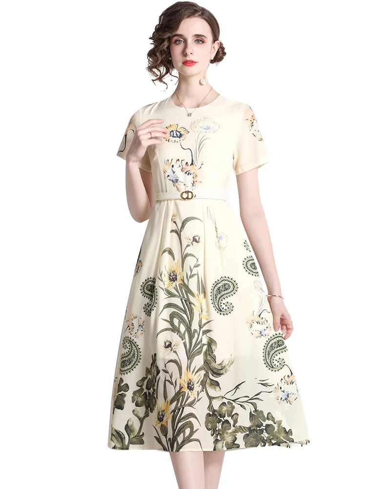 

2022 New Summer Women's Mid-length Dress Fashion Short-sleeved Printed Belt Slimming Dresses Women GD686