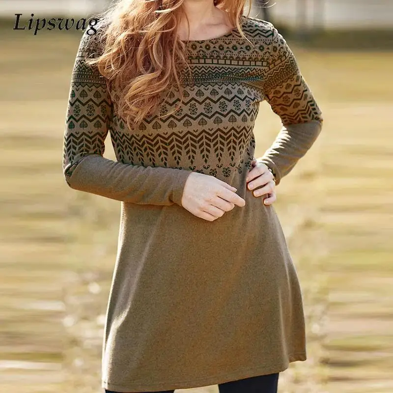 

Женское платье-пуловер с круглым вырезом, длинным рукавом и этническим принтом