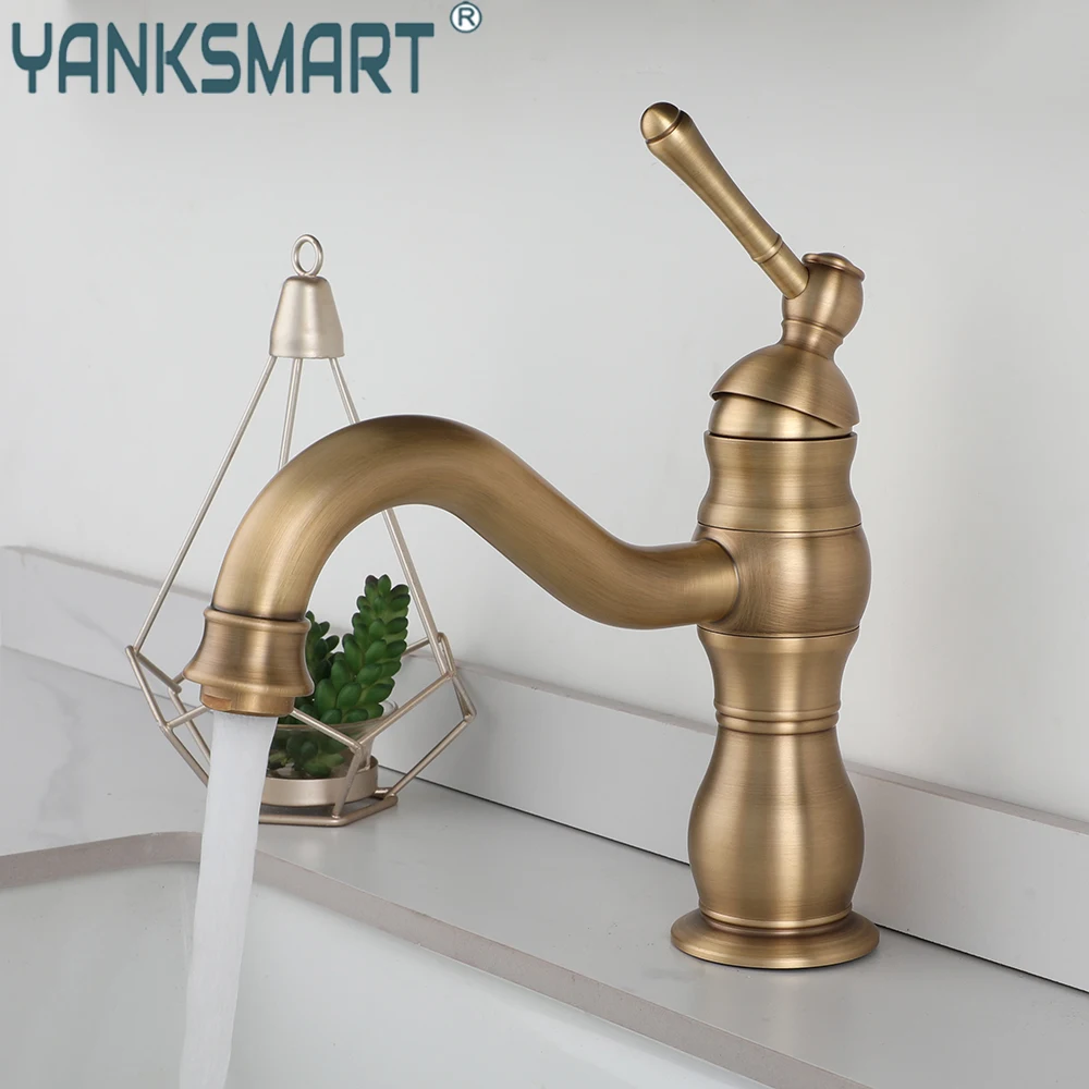 

YANKSMART Antique Brass Bathroom Faucet Deck Mounted 1 Handle Basin Crane Long Spout Lavatory Sink Hot and Cold Mixer Water Tap