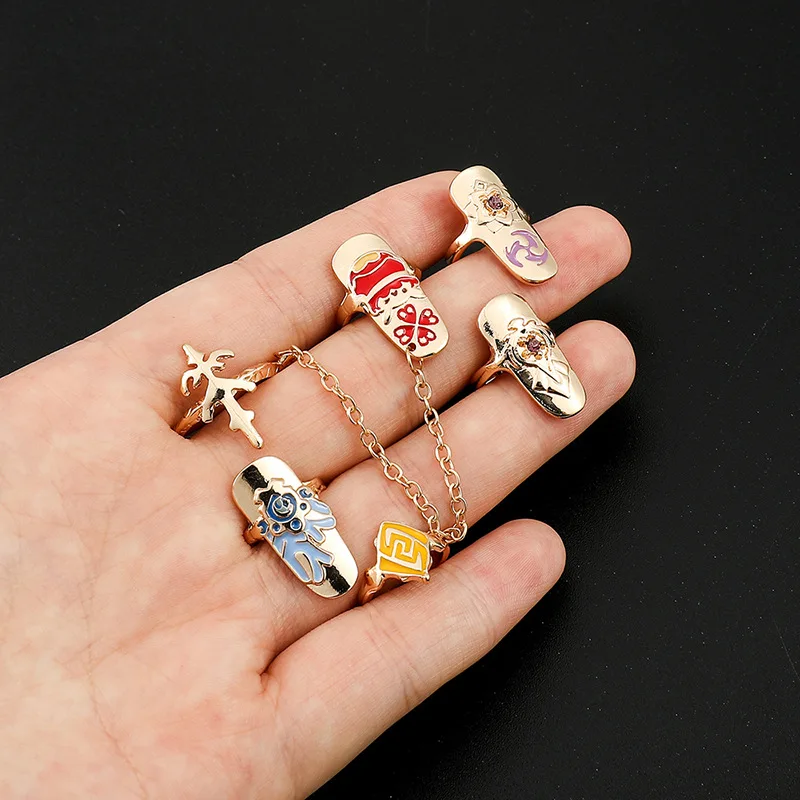 

5pcs/Lot Nails Rings Game Genshin Impact Ring Sets Jewelry Trendy Enamel Anime Fingernails Accessory Protect Nail Deco for Girl