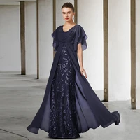 shine sequin mother of the bride dress vintage floor length wedding guest gown for woman cap sleeves custom plus size navy blue