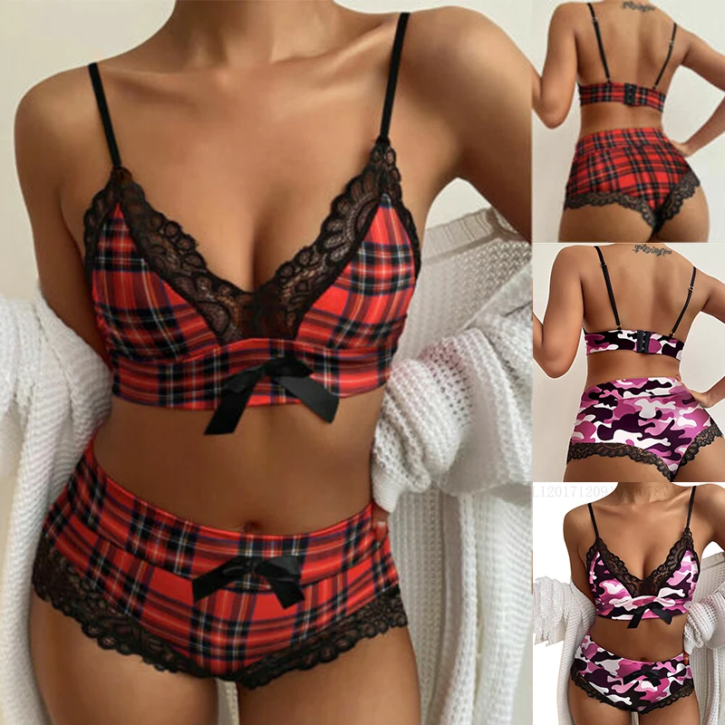 

Sexy Lace Edge Lingerie Set for Women Girl Fashion Plaid Female Nightwear Underwear Hot Sale Red And Black Plaid Lingerie Set