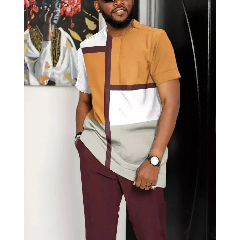 Summer Tracksuit Suit Oversized T Shirt Trousers Fashion Striped 2 Piece Set For Men Short Sleeve and Pants Casual Streetwear