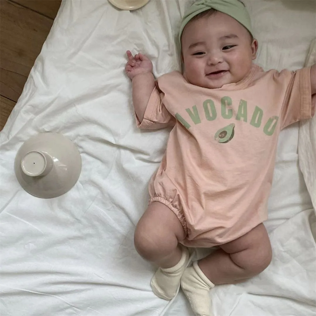 

2022 Infant Casual New Arrival Romper Summer Boy Avocado Print Short Sleeves Jumpsuit Thin Breathable Cotton Girl Clothes