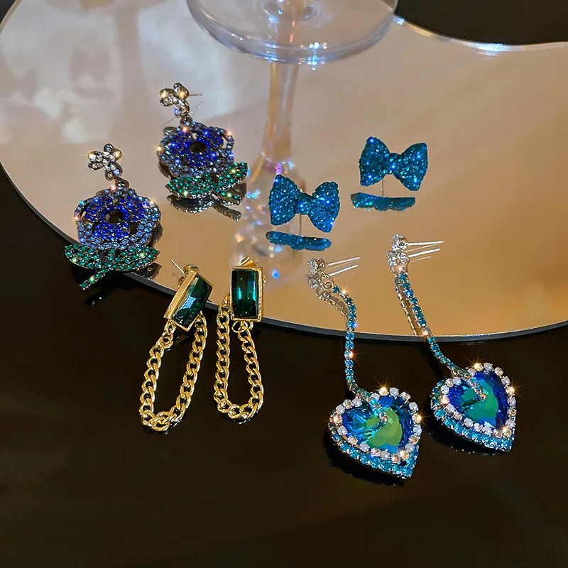 

Minar Luxury Multiple Green Blue Crystal Rhinestone Earring for Women Bling Bling Love Heart Flower Bowknot Drop Earrings Gift