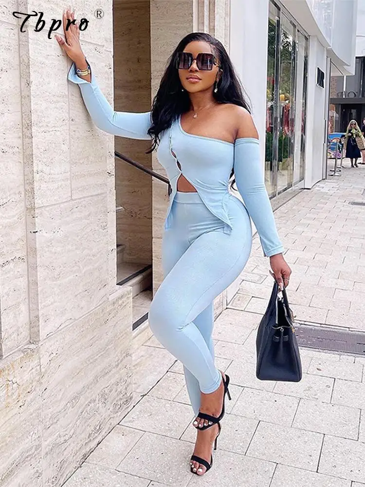 

Женский ажурный костюм с косым воротником, Привлекательный Топ с длинным рукавом и брюки до щиколотки, комплект из двух предметов, Модный повседневный подходящий наряд для женщин