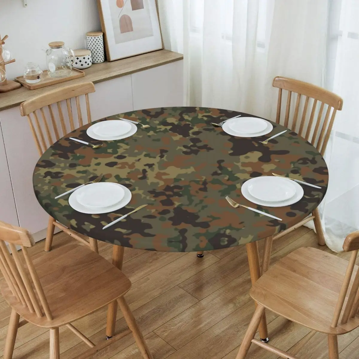 

Round Waterproof Flecktarn Camo Table Cover Elastic Military Army Camouflage Table Cloth Backed Edge Tablecloth for Dining