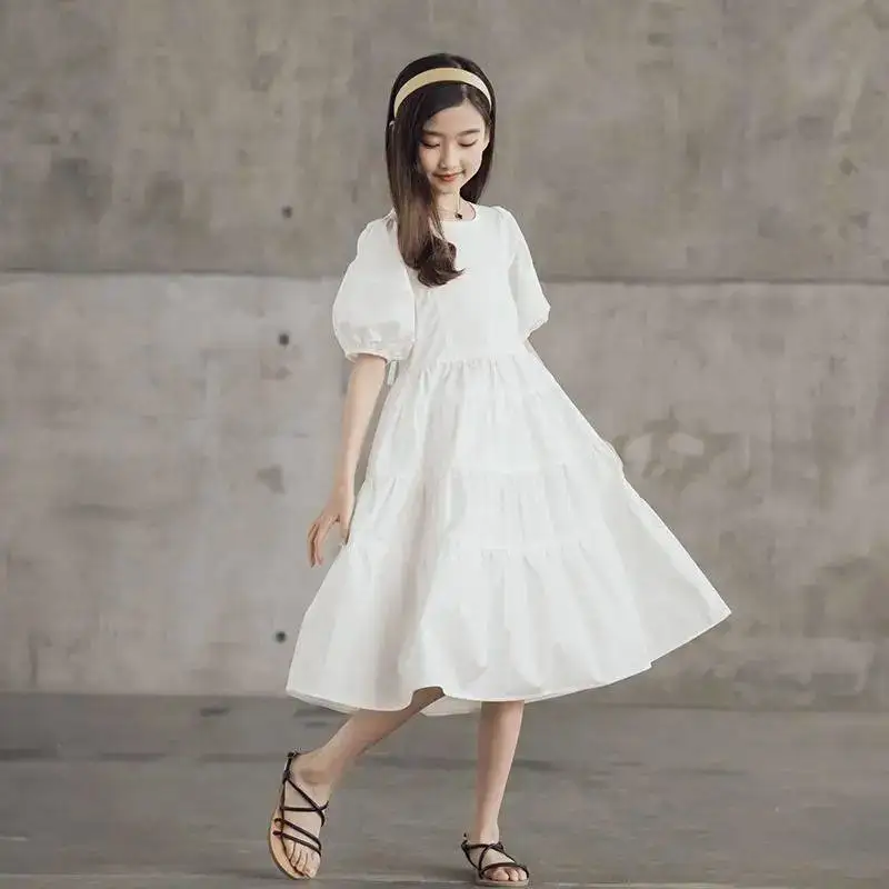 

2022 Girls Summer white Dresses Solid Cotton Swing Dress Puff Sleeve Casual teenager Children Clothing Ruffles 8 9 10 11 12 year