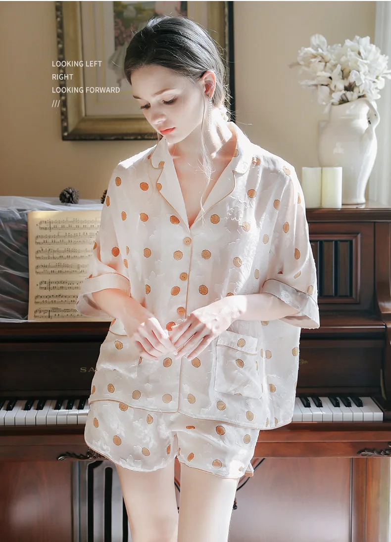 Pajamas women's short-sleeved two-piece ice silk retro jacquard tassel silk sleepwear set pajamas for women