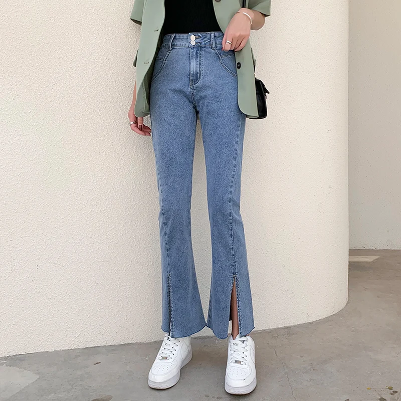 2022 New Korean Fashion Trousers Spring Summer 9-Point Micro Horn Pants Women'S High Waist Slit Slim Fit Two Button Elastic Jean