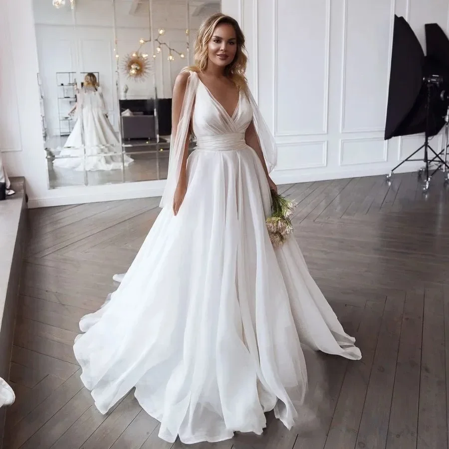 

Robe De Mariee V-Neck Wedding Dresses Sexy Tiered Bodice Long Shawl Tulle Formal Bridal Gowns HOT Sale