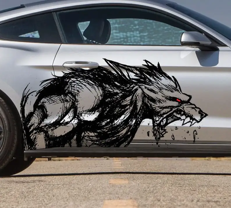 Fits Mustang F-150 Ranger Coyote Wolf Tattoo Grunge Design Tribal Door Bed Side Pickup Vehicle Truck Car Vinyl Graphic Decal Sti