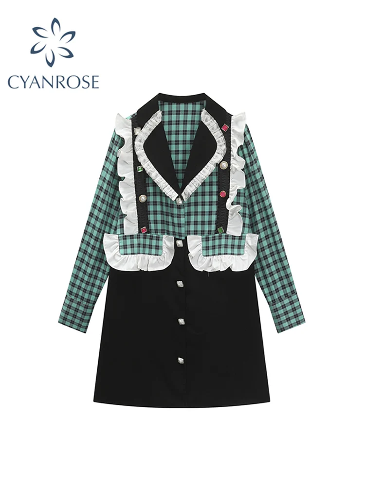 

Harajuku 2022 Autumn French Peach Neck Plaid Stitched Suit Skirt Women's Autumn Loose Straight Tube Suit Dress Sleeved Vintage